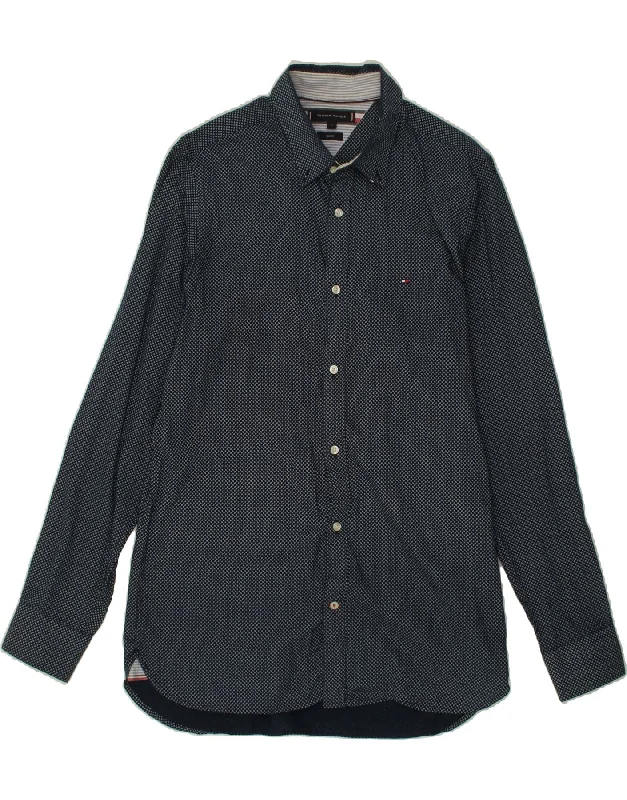 TOMMY HILFIGER Mens Slim Shirt Large Navy Blue Spotted-- Anti-Shrink Durable Soft