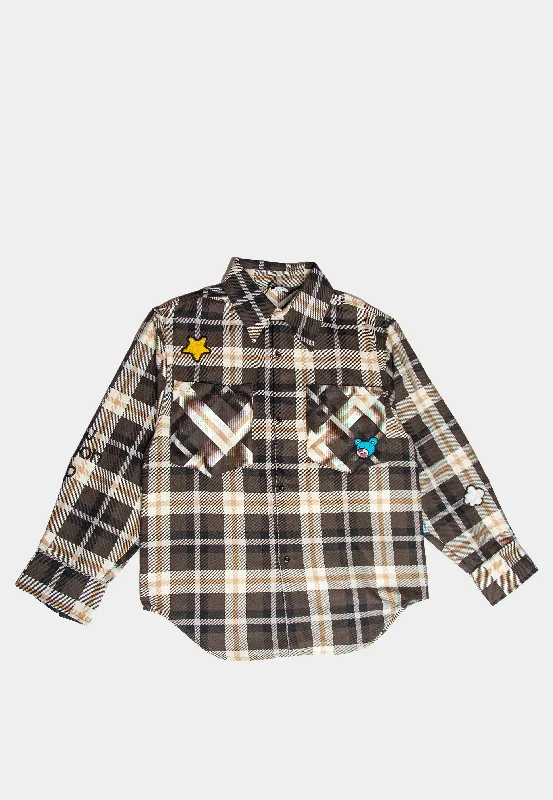 Inbetweeners Flannel Shirt Unisex Brown Beige F4Twuasi070-- Zippered Buttoned Snapped