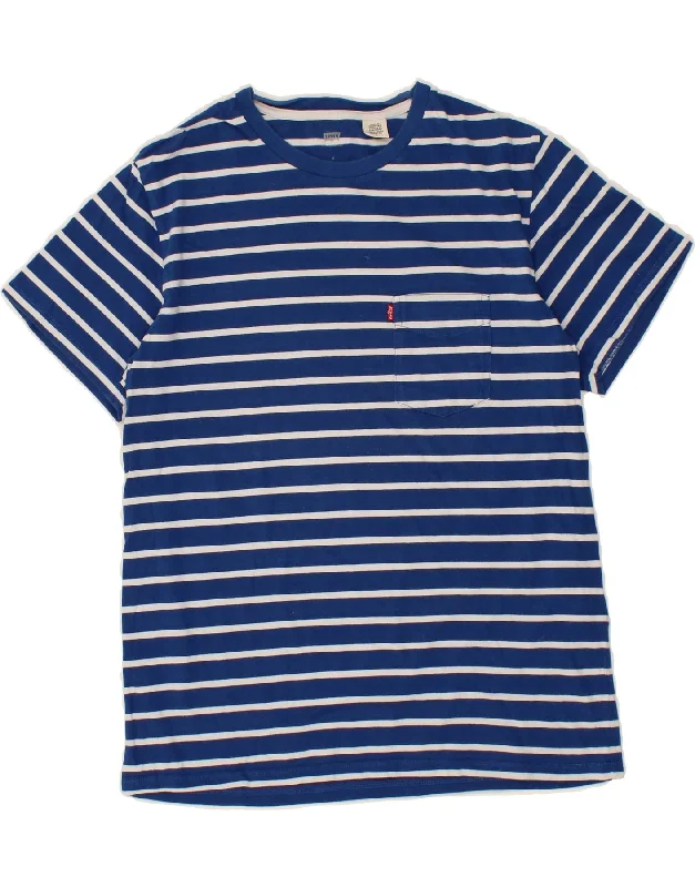 LEVI'S Mens T-Shirt Top Medium Blue Striped Cotton-- Hooded Caped Shawl Collar