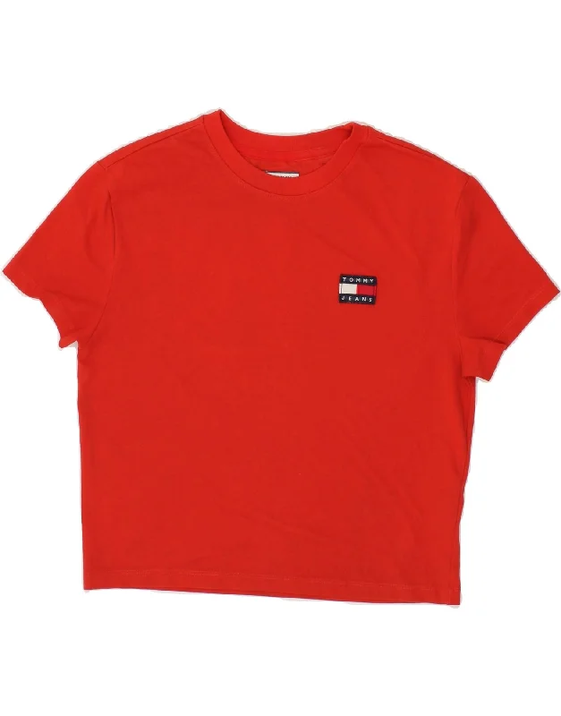 TOMMY HILFIGER Womens Crop T-Shirt Top UK 6 XS Red Cotton-- Thin T-Shirt Open Front Quick Dry
