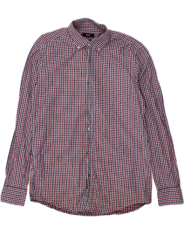HUGO BOSS Mens Slim Fit Shirt Size 39 15 1/2 Medium Red Check Cotton-- V-Neck T-Shirt Long Sleeve Cotton