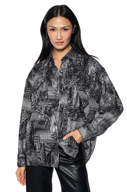 GEO METALLIC BUTTON DOWN SHIRT-- Notch Collar Peter Pan Collar Cowl Neck