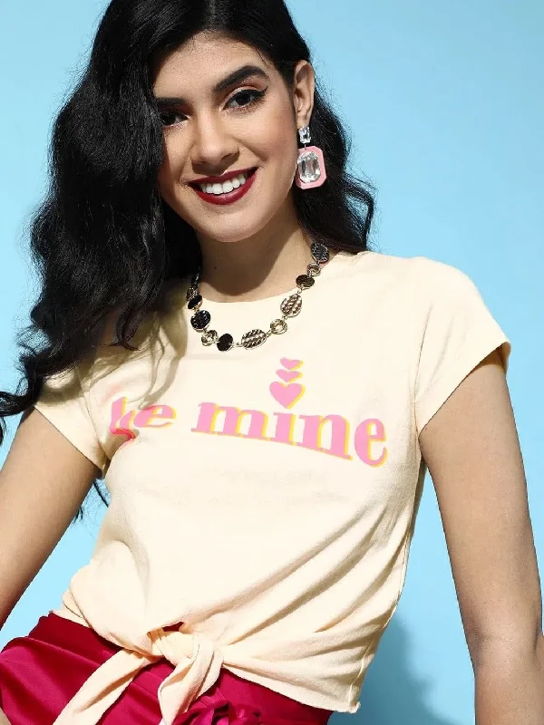 Cream BE MINE Tie-Knot Crop T-Shirt-- Solid Color Striped Floral