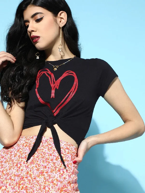 Black With Red Heart Foil Tie-Knot Crop T-Shirt-- Cozy Warm Stylish