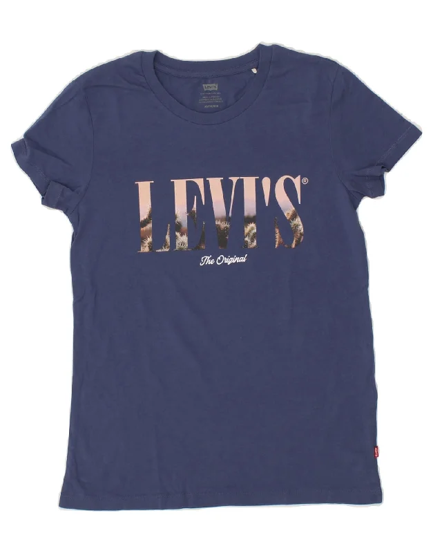 LEVI'S Womens Graphic T-Shirt Top UK 6 XS Navy Blue Cotton-- Graphic T-Shirt Round Neck Polyester