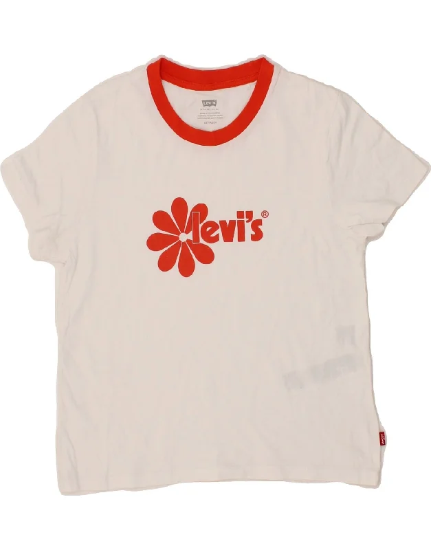 LEVI'S Womens Crop Graphic T-Shirt Top UK 6 XS White Cotton-- Notch Collar Peter Pan Collar Cowl Neck