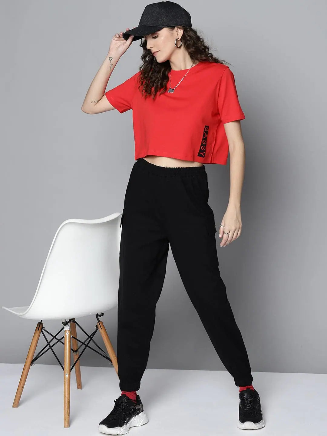 Women Red SASSY Side Boxy Crop T-Shirt-- Handmade Hand-knitted Hand-woven