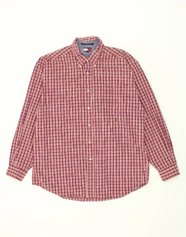 TOMMY HILFIGER Mens Vintage Shirt Large Red Check Cotton-- Chenille Blend Fleece Blend Nylon Blend