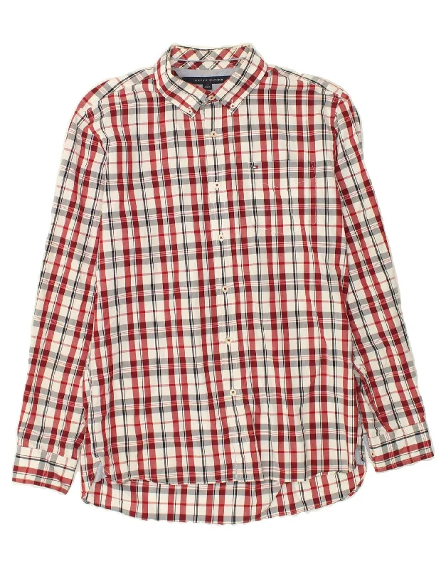 TOMMY HILFIGER Mens Custom Fit Shirt Large Red Check-- Thin T-Shirt Open Front Quick Dry