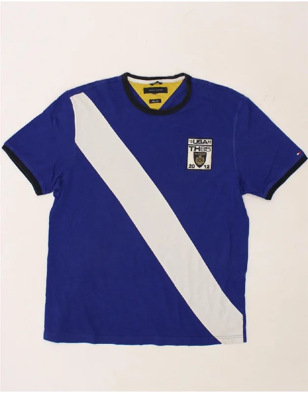 TOMMY HILFIGER Mens Slim Fit T-Shirt Top Medium Blue Colourblock Cotton-- Sequined Glittery Shiny