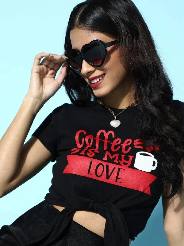 Black Coffee Is My Love Tie-Knot Crop T-Shirt-- Machine Wash Dry Clean Hand Wash