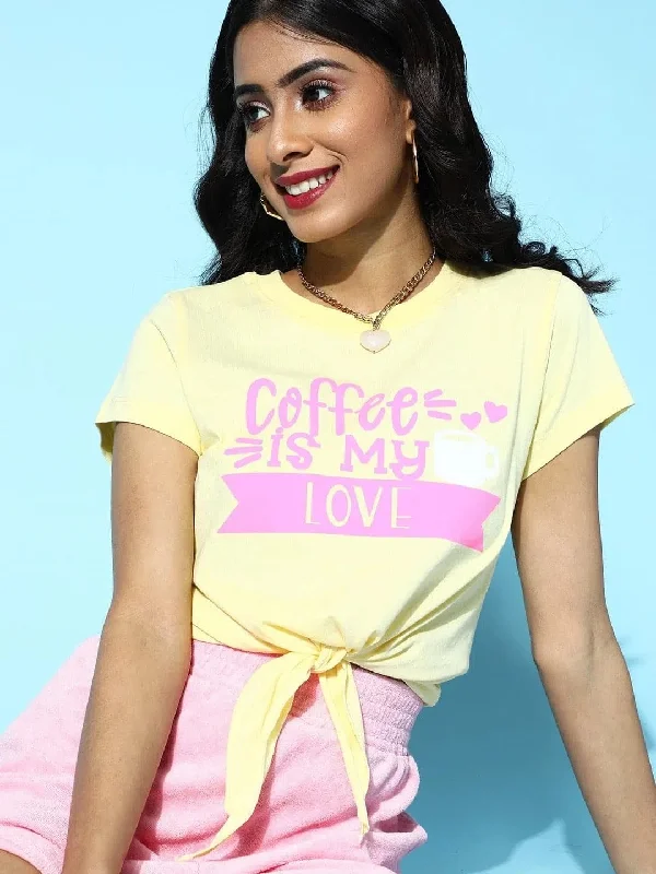 Yellow Coffee Is My Love Tie-Knot Crop T-Shirt-- Hooded Caped Shawl Collar