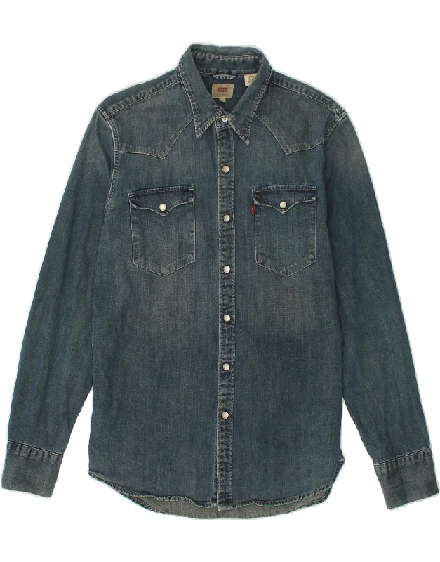 LEVI'S Mens Denim Shirt Medium Blue Cotton-- Notch Collar Peter Pan Collar Cowl Neck