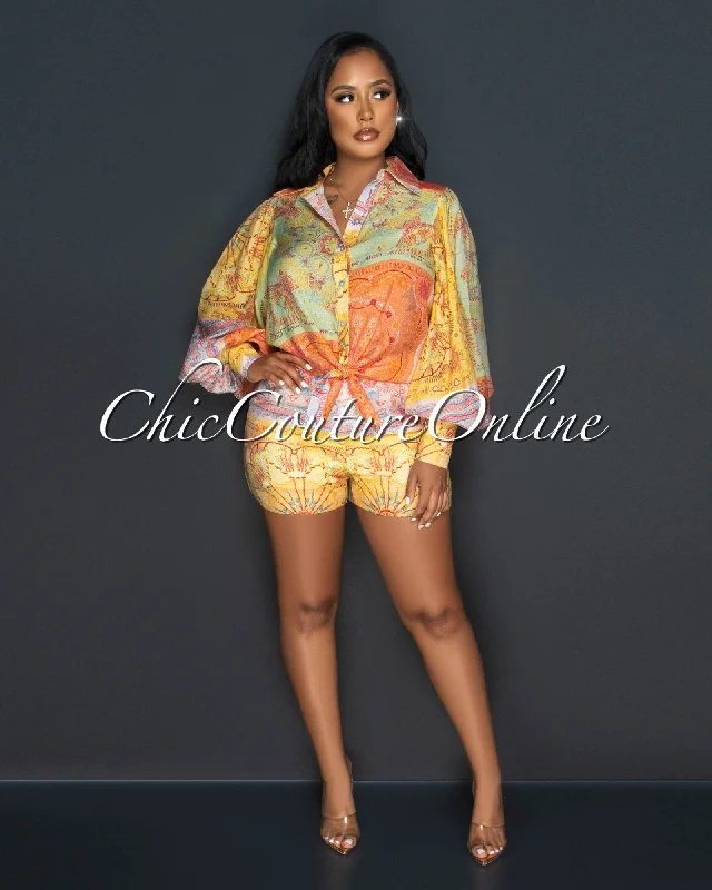 Adya Orange Green Print Shirt & Shorts Set-- Asymmetrical Pockets Print
