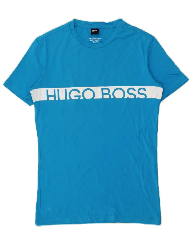 HUGO BOSS Mens Slim Fit Graphic T-Shirt Top Medium Blue Cotton-- Graphic Embroidered Appliqued