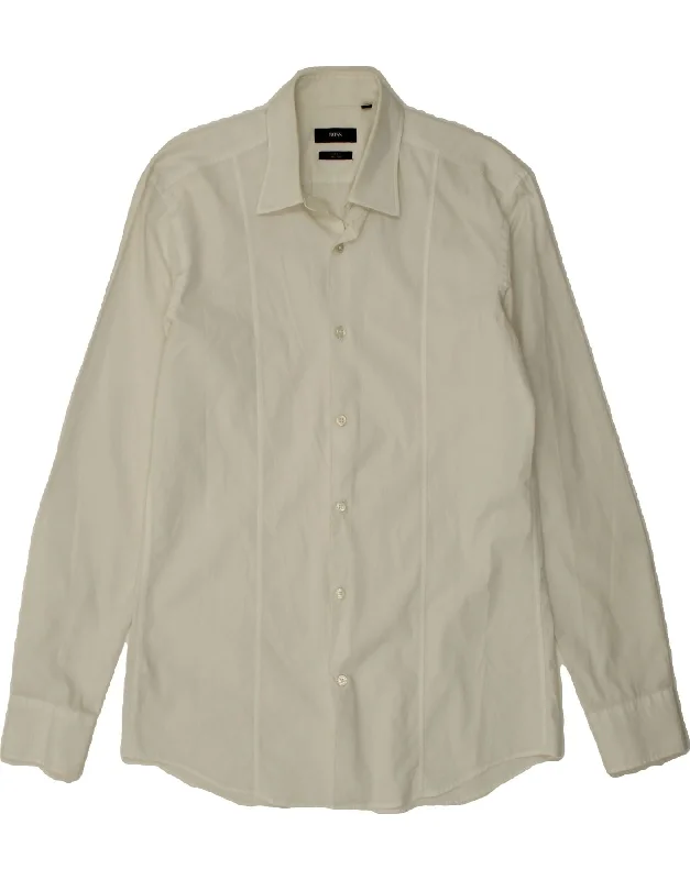 HUGO BOSS Mens Stretch Slim Fit Shirt Size 15 1/3 40 Medium White Cotton-- Silk Blend Satin Velvet