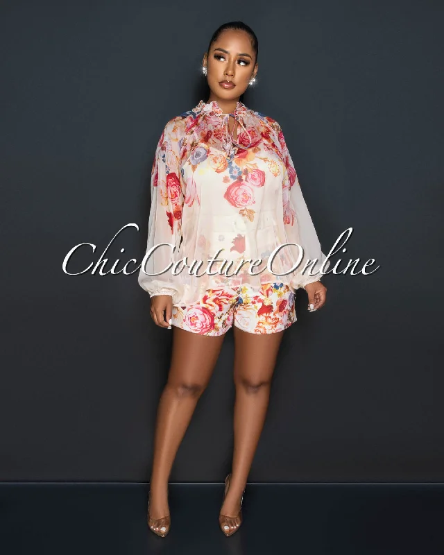 Nadira Salmon Print Sheer Shirt & Belted Mini Shorts Set-- Collared Crew Neck Turtle Neck