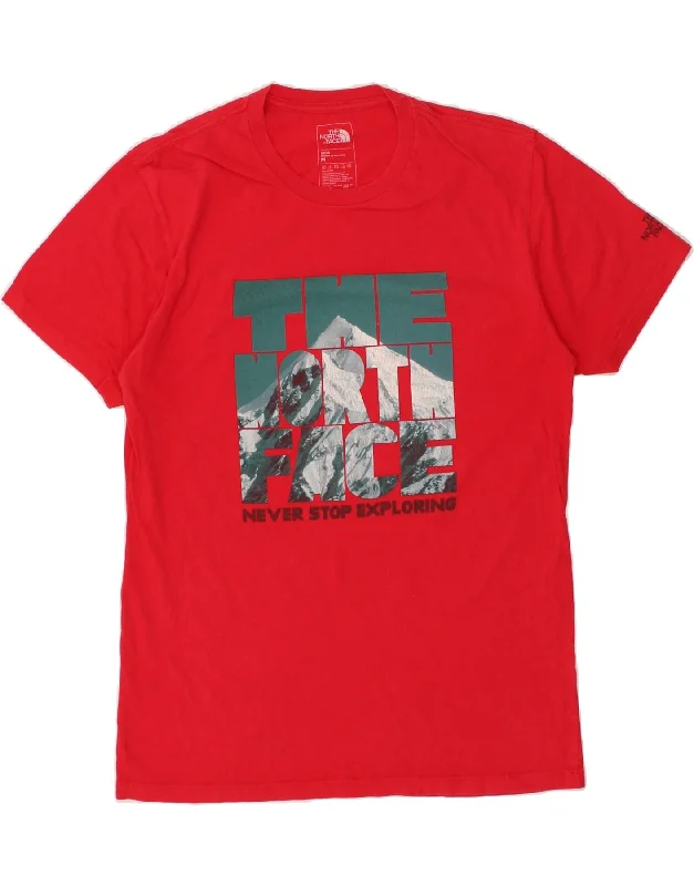 THE NORTH FACE Mens Graphic T-Shirt Top Medium Red Cotton-- Asymmetrical Pockets Print