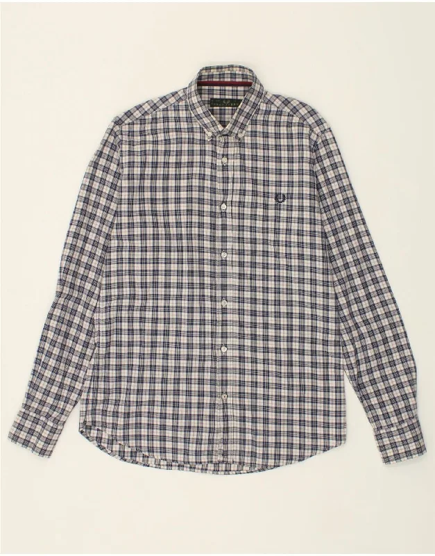 FRED PERRY Mens Flannel Shirt Medium Blue Check Cotton-- Hooded Caped Shawl Collar