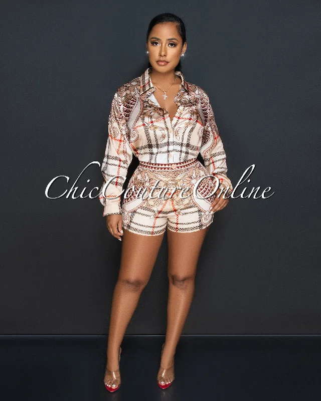 Bethany Nude Plaid Print Silky Shirt & Shorts Set-- Lace Blend Ribbed Blend Corduroy Blend