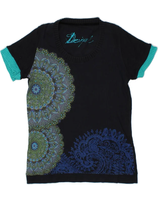 DESIGUAL Womens Graphic T-Shirt Top UK 18 XL Navy Blue Paisley-- Casual Formal Business