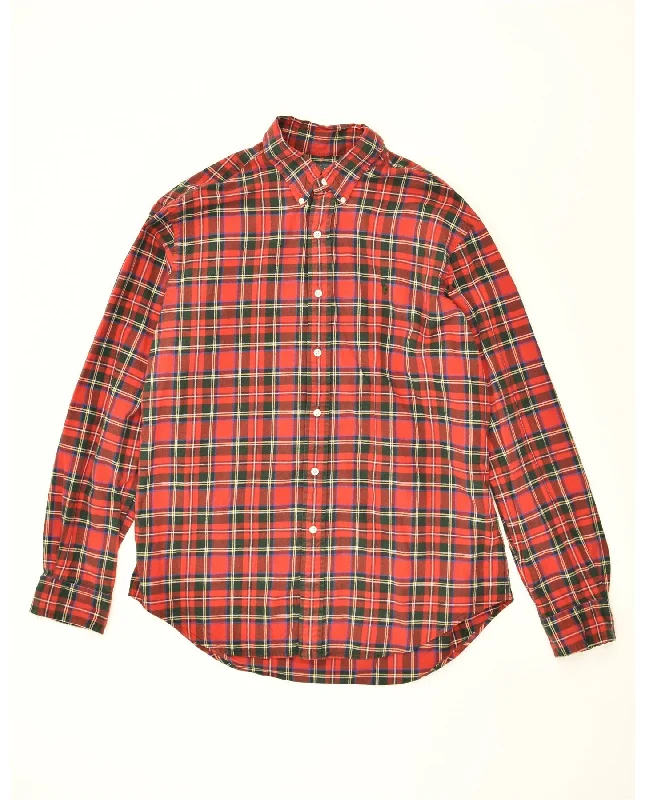 RALPH LAUREN Mens Shirt Large Red Check Cotton-- Mesh Blend Leather Blend Suede Blend