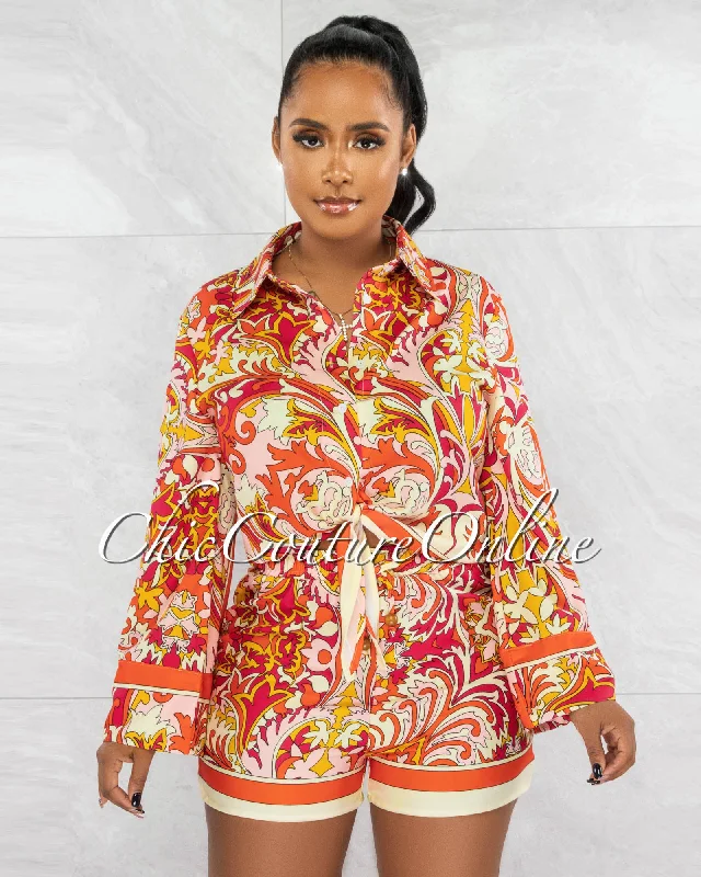 Corina Cream Orange Print Shirt & Mini Shorts Set-- Nylon Fabric Polyester Fabric Spandex Fabric