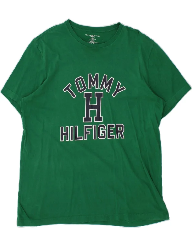 TOMMY HILFIGER Mens Graphic T-Shirt Top Large Green Cotton-- Mesh Blend Leather Blend Suede Blend