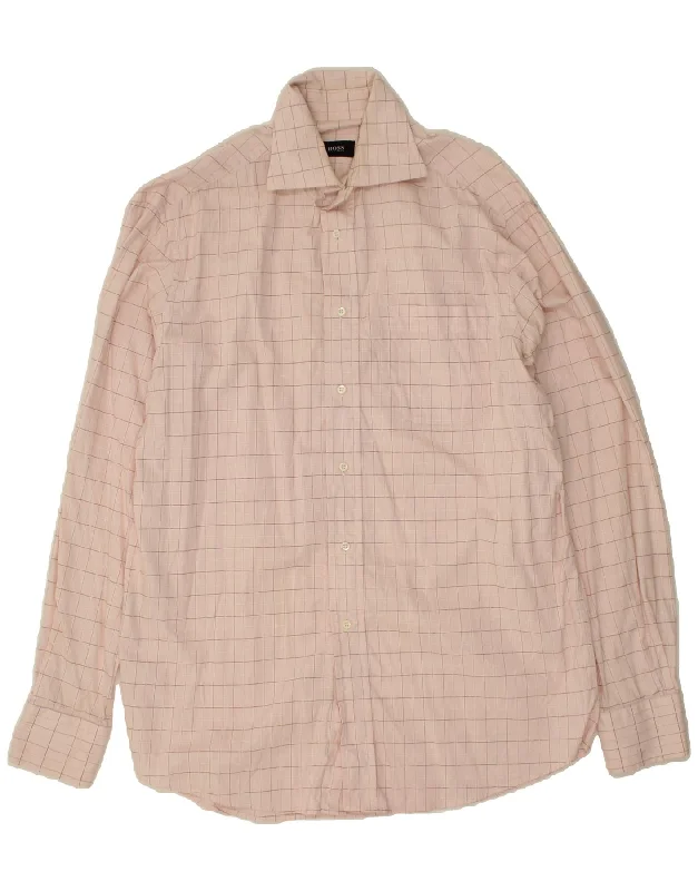 HUGO BOSS Mens Shirt Size 39 15 1/2 Medium Pink Check Cotton-- Mesh Canvas Denim