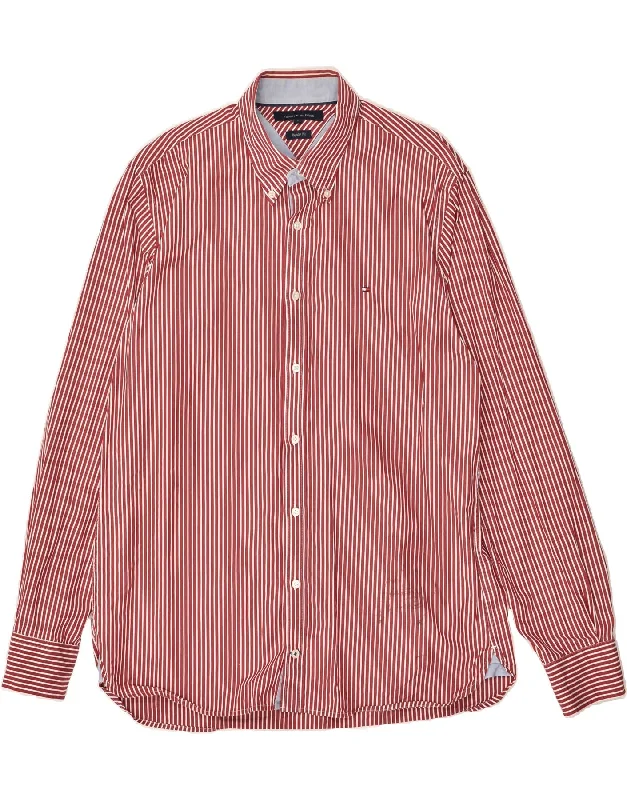 TOMMY HILFIGER Mens Regular Fit Shirt Large Red Striped Cotton-- Elegant Classic Vintage