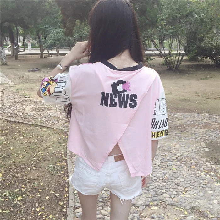 Lovely Pink Print T-Shirt YV574-- Hooded Caped Shawl Collar