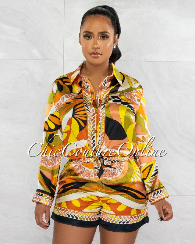 Belair Orange Multi-Color Print Shirt & Mini Shorts Silky Set-- Rayon Fabric Velvet Fabric Corduroy Fabric