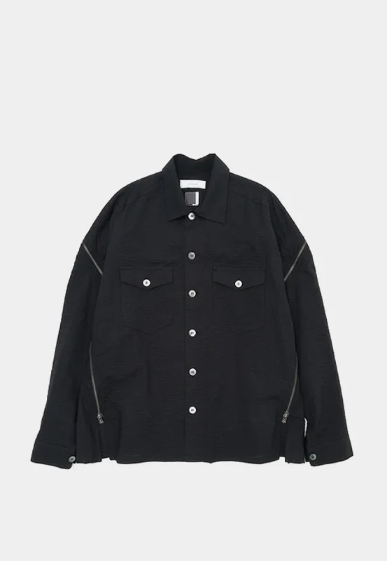 Facetasm Wrinkle Crushed Zip Ls Shirt Black-- Cotton Fabric Linen Fabric Terry Fabric