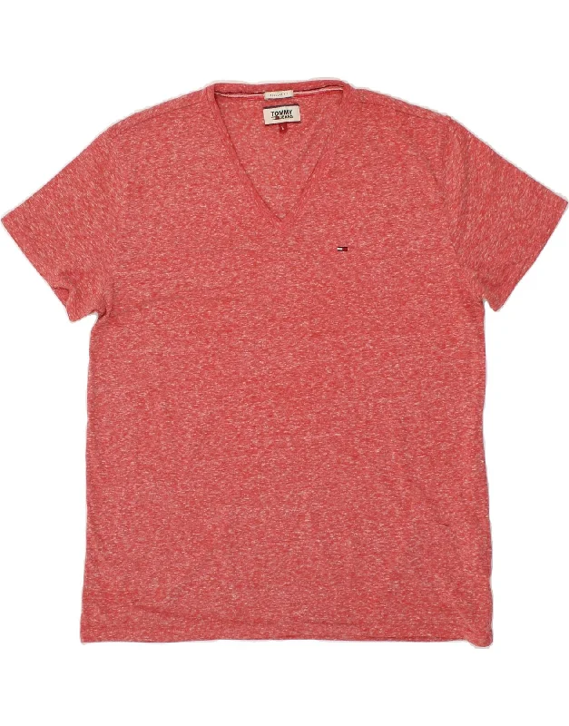 TOMMY HILFIGER Mens Regular Fit T-Shirt Top Large Red Flecked Polyester-- Graphic T-Shirt Round Neck Polyester
