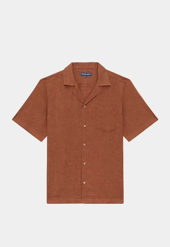 Frescobol Angelo Linen Shirt S/S Dark Coral-- Solid Color Striped Floral