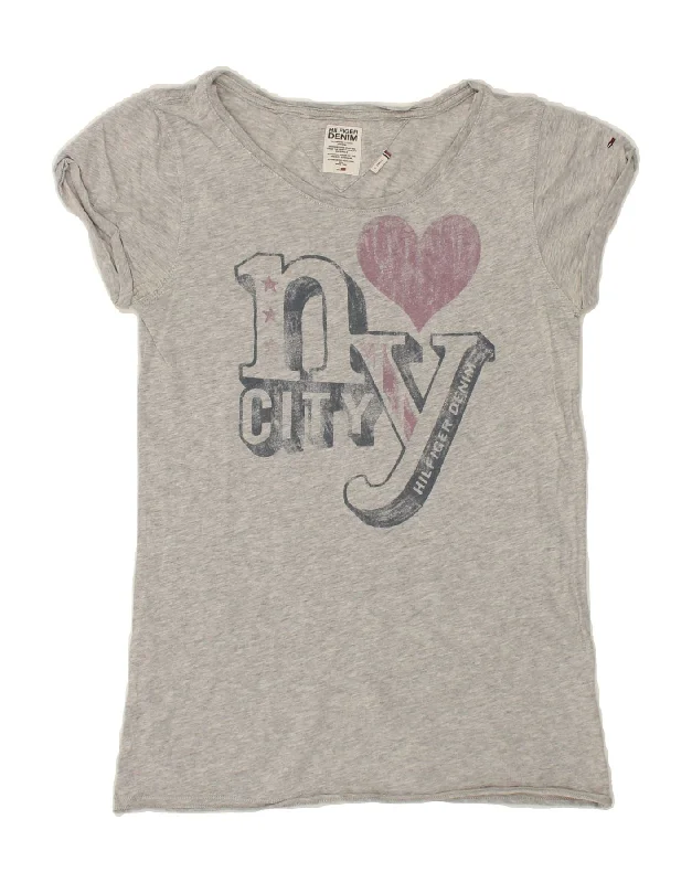 TOMMY HILFIGER Womens Graphic T-Shirt Top UK 6 XS Grey Cotton-- Silk Blend Satin Velvet