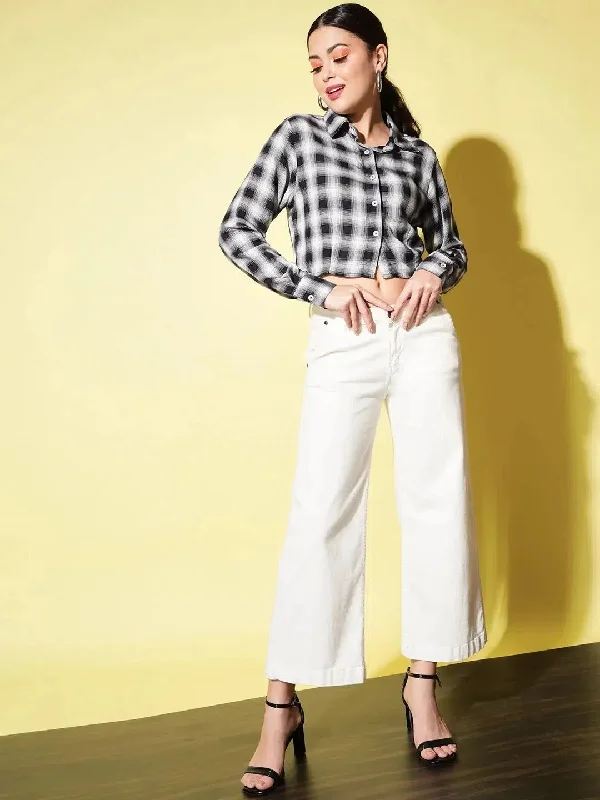 White & Blue Check Cropped Shirt-- Rayon Fabric Velvet Fabric Corduroy Fabric