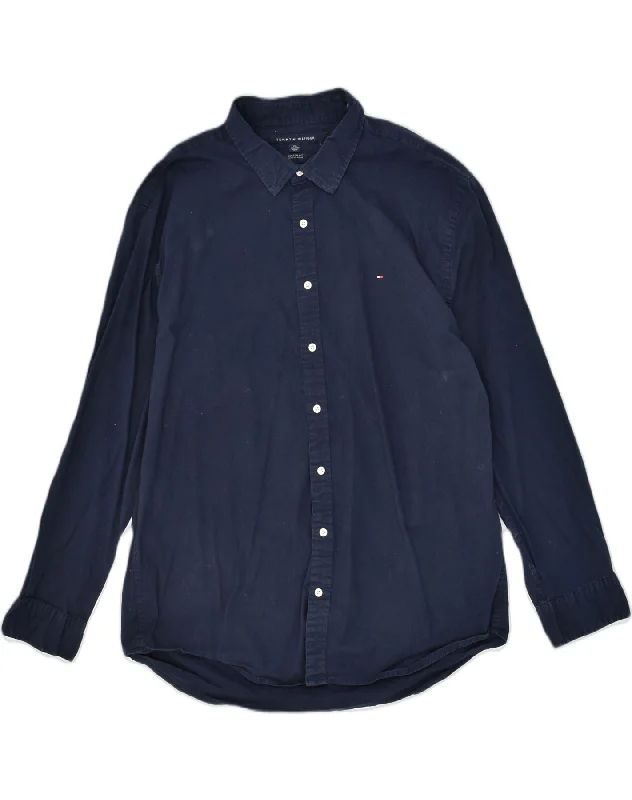 TOMMY HILFIGER Mens Shirt 2XL Navy Blue Cotton-- Print Jacquard Patchwork