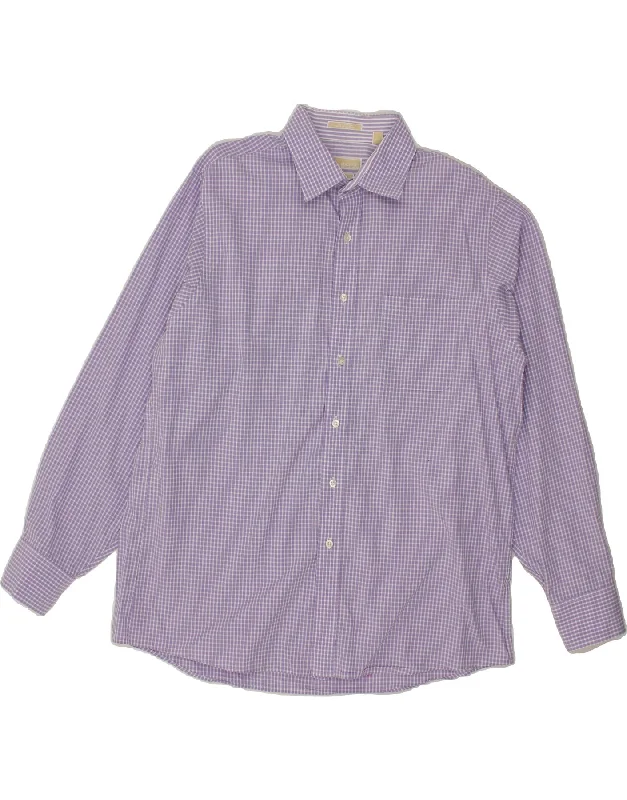 MICHAEL KORS Mens Regular Fit Shirt Size 17 1/2 XL Purple Check Cotton-- Graphic Embroidered Appliqued