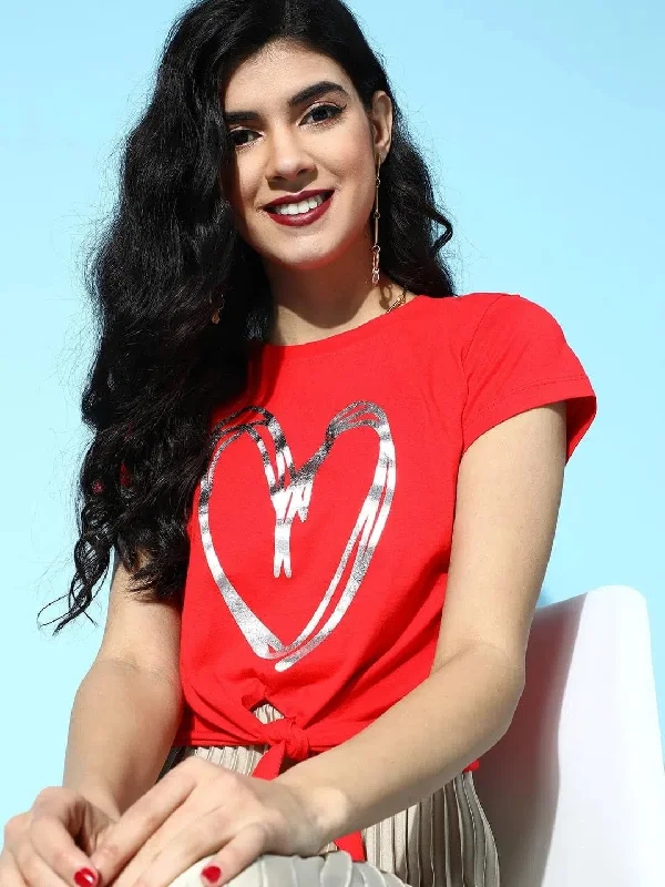 Red With Sliver Heart Foil Tie-Knot Crop T-Shirt-- Modern Contemporary Chic