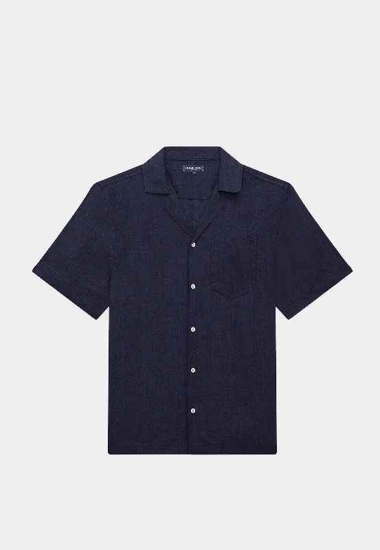 Frescobol Angelo Linen Shirt S/S Midnight-Blue-- Spandex Blend Rayon Blend Denim Blend