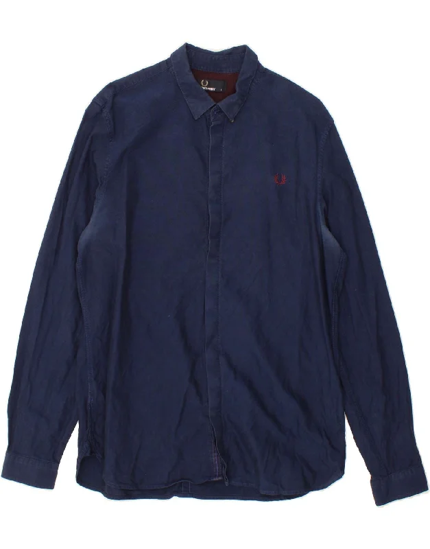 FRED PERRY Mens Shirt Large Navy Blue Cotton-- Ribbed Striped Patterned
