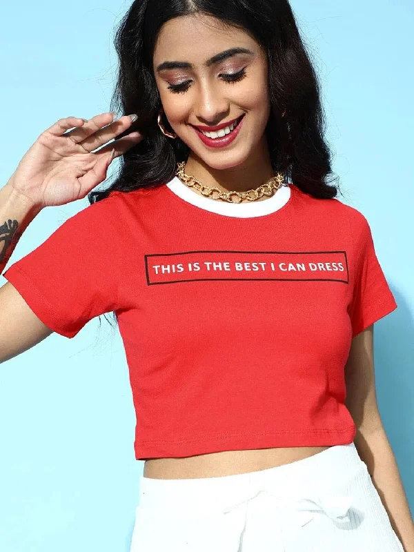 Red Contrast Rib Text Print Crop T-Shirt-- Seamless Knitted Crochet