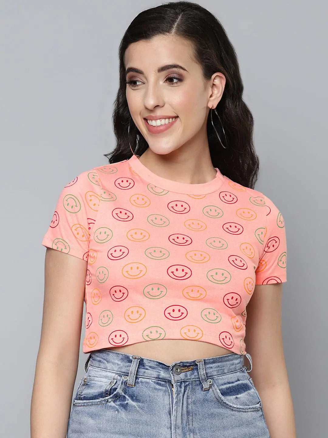 Women Pink Smiley Slim Fit Crop T-shirt-- Collared T-Shirt Boat Neck A-Line