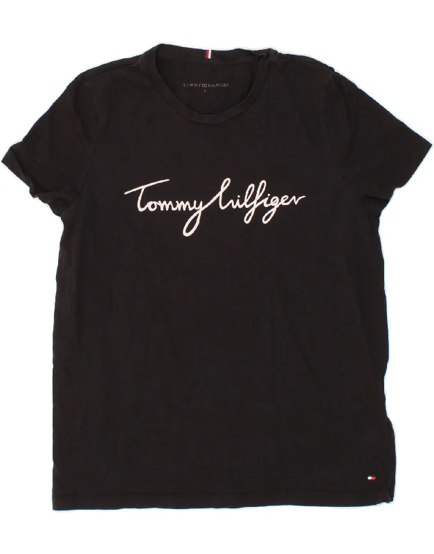 TOMMY HILFIGER Womens Graphic T-Shirt Top UK 14 Large Black Cotton-- Terry Blend Velvet Blend Canvas Blend
