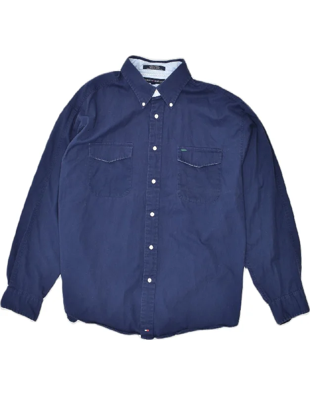 TOMMY HILFIGER Mens Shirt XL Navy Blue Cotton 90s-- Notch Collar Peter Pan Collar Cowl Neck