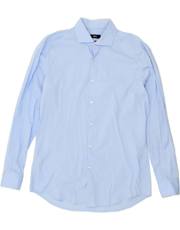 HUGO BOSS Mens Stretch Slim Fit Shirt Size 41 16 Large Blue Cotton-- Embroidered Appliqued Beaded