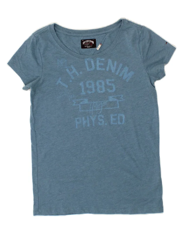 TOMMY HILFIGER Womens Graphic T-Shirt Top UK 10 Small Blue Cotton-- Houndstooth Herringbone Solid