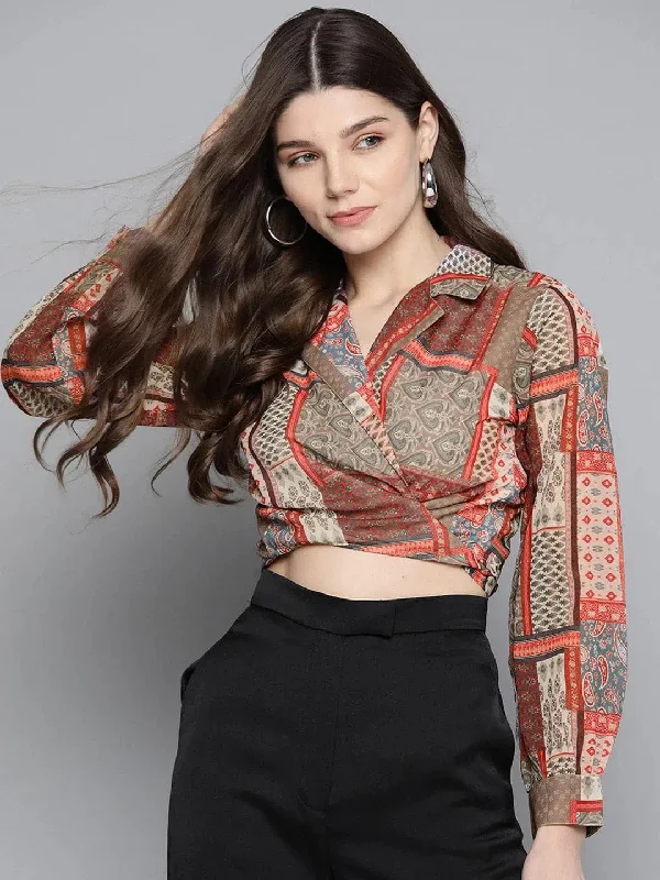 Brown Patch Tie Knot Crop Shirt Top-- Collared T-Shirt Boat Neck A-Line