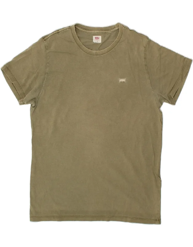 LEVI'S Mens T-Shirt Top Medium Khaki Cotton-- Zippered Front Buttoned Front Snap Front